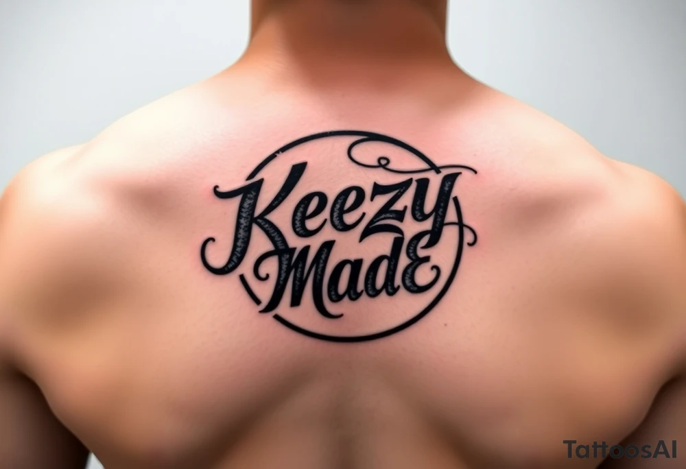 letters only fancy but rugged twisted and intertwined circular arched curvy lettering in a circular  forum that would be clothing brand style that says (KeezY MadE) almost like the the roca wear symbol clothing brand trademark tattoo idea