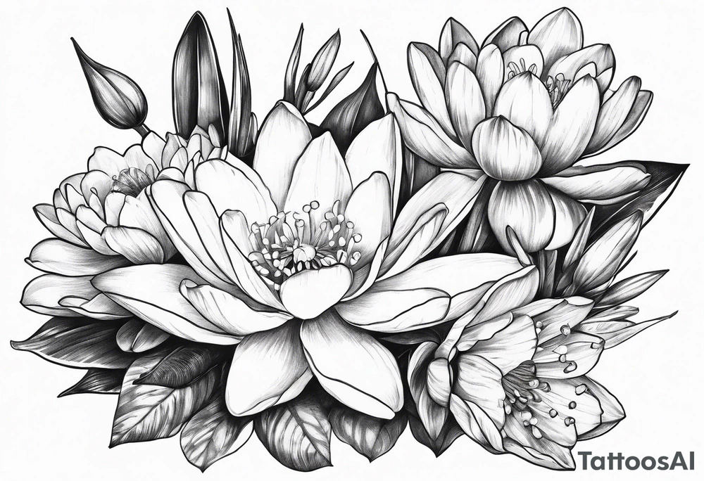 Water Lily, Lily of the Valley, Narcissus, and Gladiolus flower bouquet tattoo idea