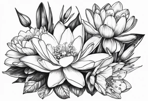 Water Lily, Lily of the Valley, Narcissus, and Gladiolus flower bouquet tattoo idea