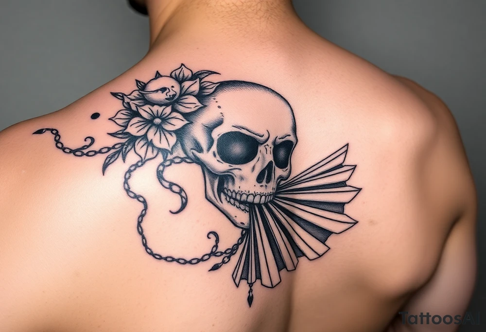 Samaria beauty  girl half face and half skeleton with a fan across her face tattoo idea