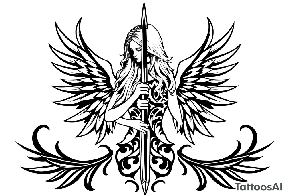 femme blonde cheveux long ondulé, un genou au sol  en armure de chevalier tenant épée vers le bas et de grandes ailes d'anges déployées tattoo idea