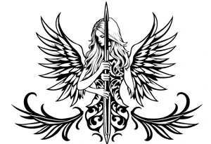femme blonde cheveux long ondulé, un genou au sol  en armure de chevalier tenant épée vers le bas et de grandes ailes d'anges déployées tattoo idea