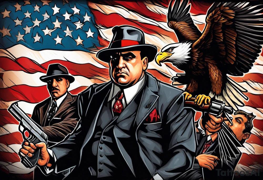 capone style gangsters battling with machine guns against a dark flame background with an angry eagle swooping in with american flag and sexy women tattoo idea
