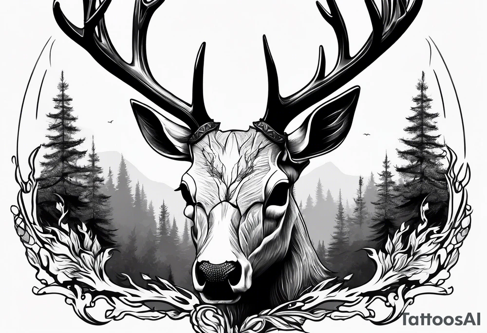 A side view of decayed deer skull surrounded by trees and fire tattoo idea