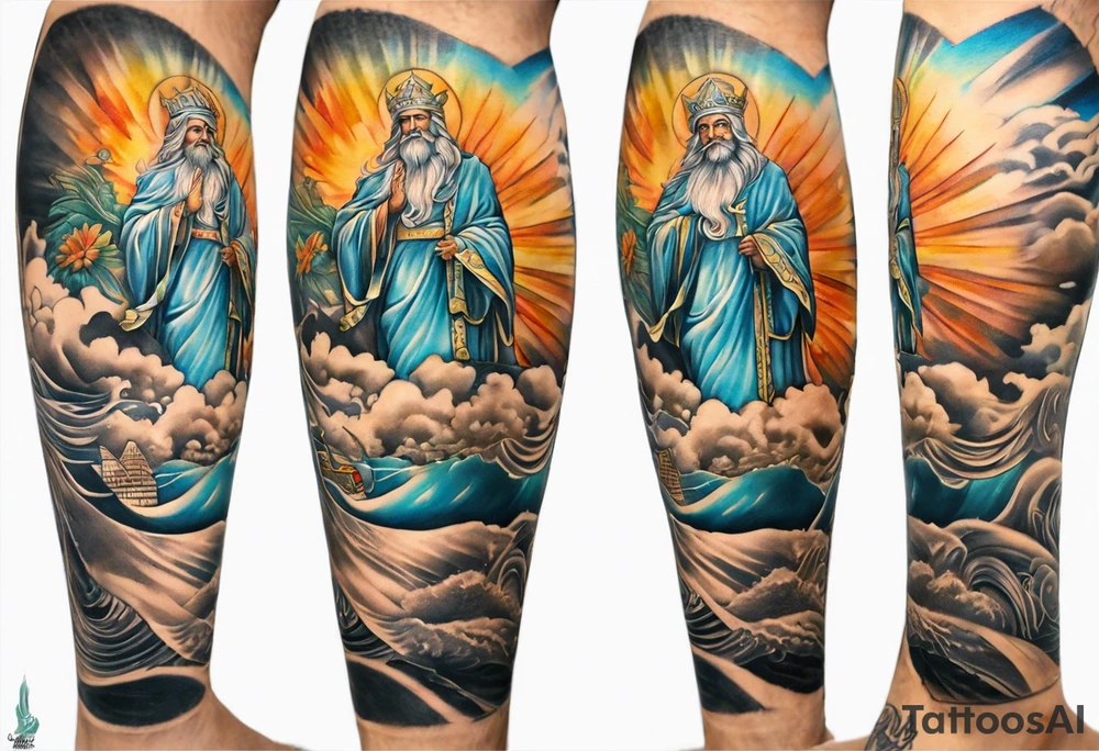 Leg sleeve with God on top representing god over everything, lower on the leg show things like money, drinking, something beachy, cards tattoo idea