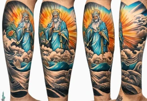 Leg sleeve with God on top representing god over everything, lower on the leg show things like money, drinking, something beachy, cards tattoo idea