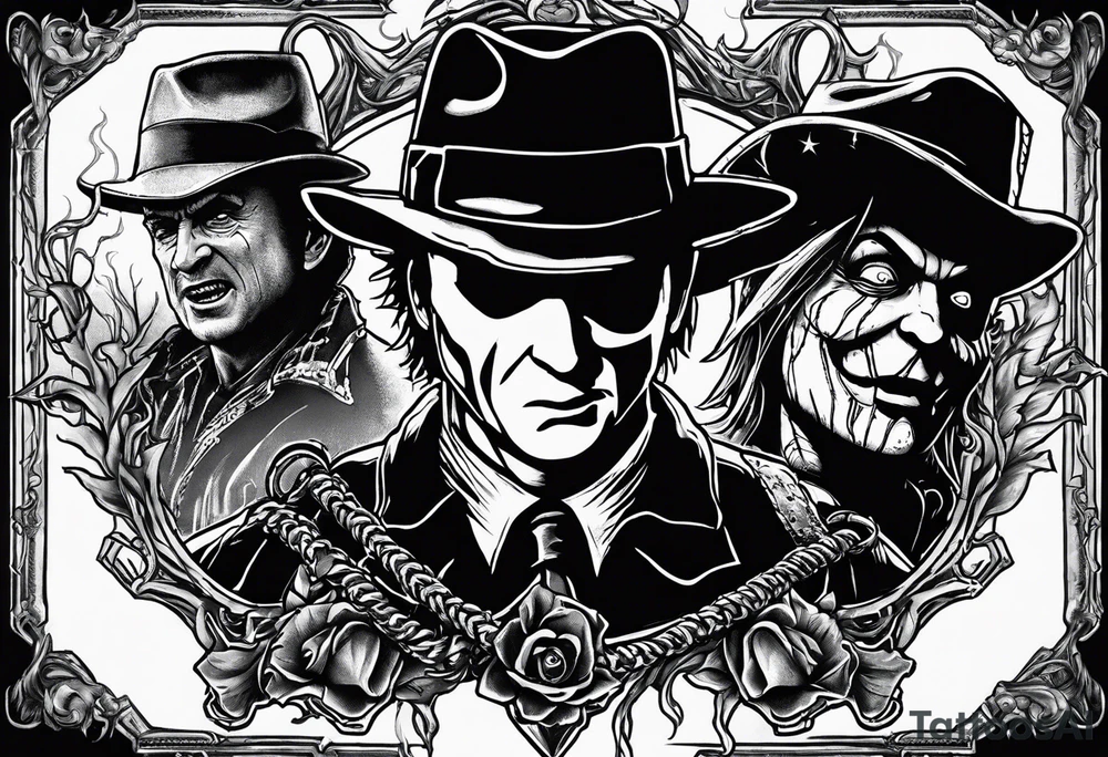 Horror design with a noose, Freddy Kruger, Jason, chucky, and scream tattoo idea