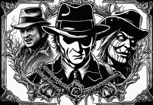 Horror design with a noose, Freddy Kruger, Jason, chucky, and scream tattoo idea