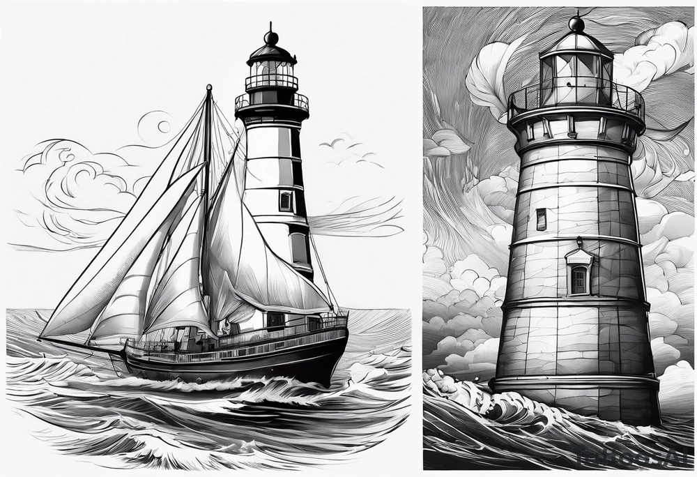 phare maritime dans un bateau a voiles. tattoo idea