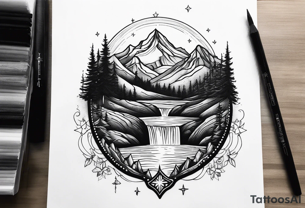 mountains, nature, stars, cross, waterfall, water tattoo idea mountains, nature, stars, cross, waterfall, water tattoo idea
