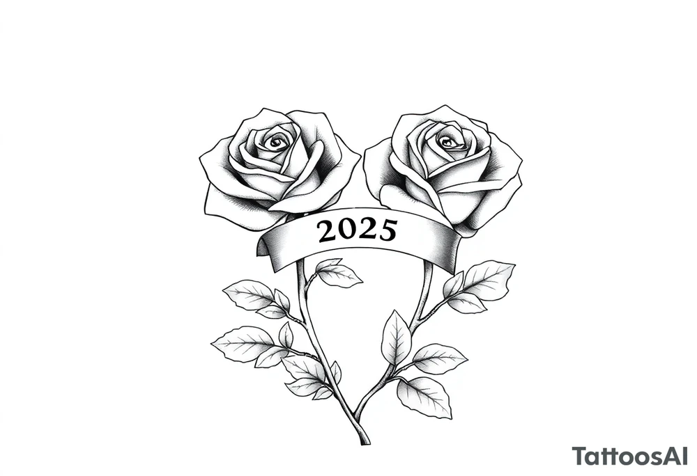 two beautiful large rose buds, one larger than the other, with many leaves and their stems intertwined, with one sitting higher than the other. Include a banner connecting the two roses with "2025" on it.  The word "Rose" written in Kanji above the drawing.  Use dark outlines with little shading. The two stems should be short, not long, and connect and join into one stem, whimsically curved or twisted - not straight down. tattoo idea