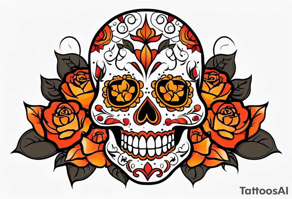 Sugar skull with roses that are orange and red with smoke around it tattoo idea