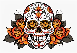 Sugar skull with roses that are orange and red with smoke around it tattoo idea