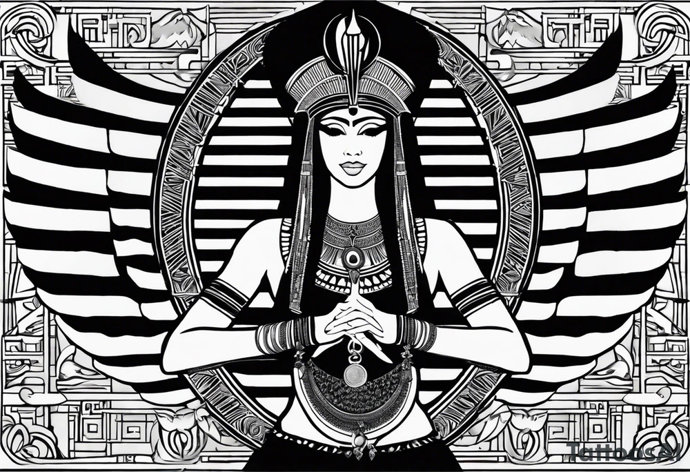 black and white Egyptian goddess Isis, who is often depicted as a woman with outstretched wings, holding an ankh (a symbol of life) in one hand and a lotus flower in the other. Her headdress often includes a throne or a solar disk. The tattoo design can vary in style and size, but it typically aims to capture the essence of this revered Egyptian deity, emphasizing her beauty, power, and maternal qualities. The choice of colors and additional elements can also be customized to create a unique and visually striking representation of the goddess Isis tattoo idea