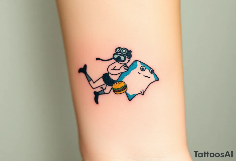 Scooba diver, diving with manta ray belly to belly, with burger on his hand tattoo idea