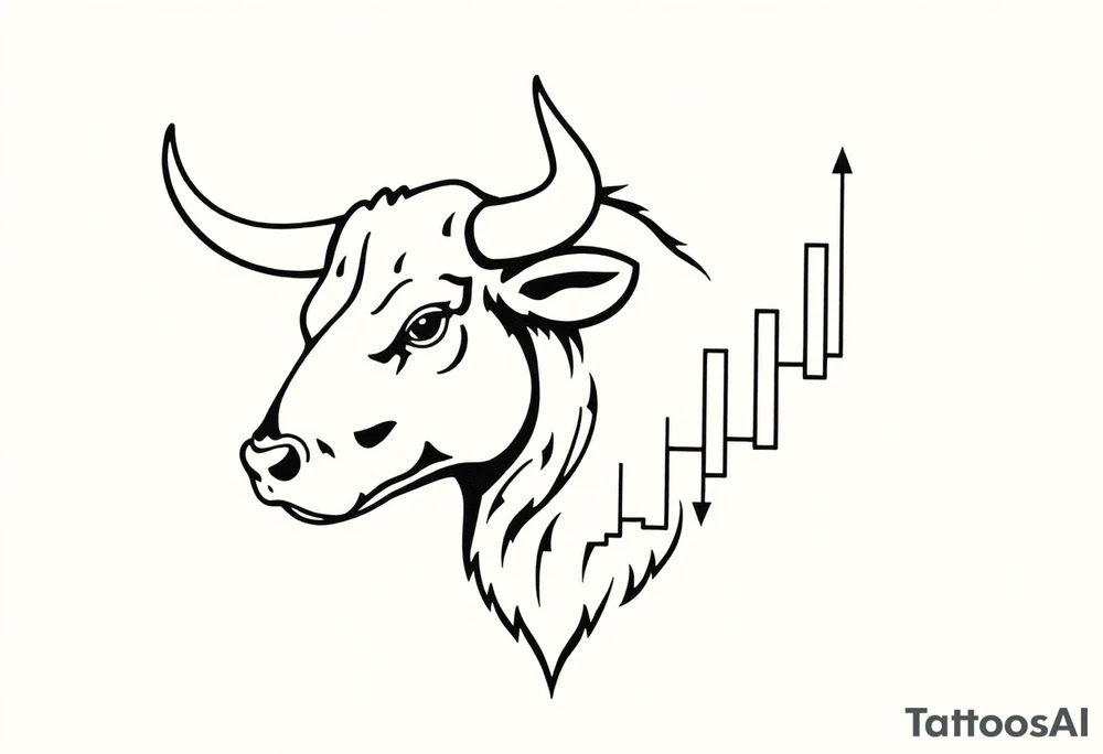 Create a minimalist black line tattoo of a bull’s head that transitions into an upward-trending candlestick stock chart. The design should have clean, fluid lines and combine the bull’s face and horns on the left, with the candlestick chart rising to the right, forming the shape of the bull’s jaw/neck. Keep the style simple and elegant, suitable for a forearm or upper arm tattoo.” tattoo idea