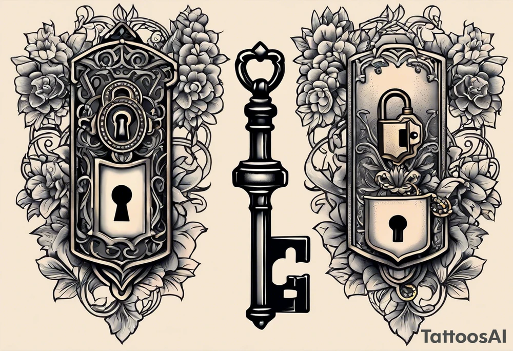 couple tattoos of an old antique key and lock, when the tattoos are side by side they look like the key unlocks the lock. tattoo idea