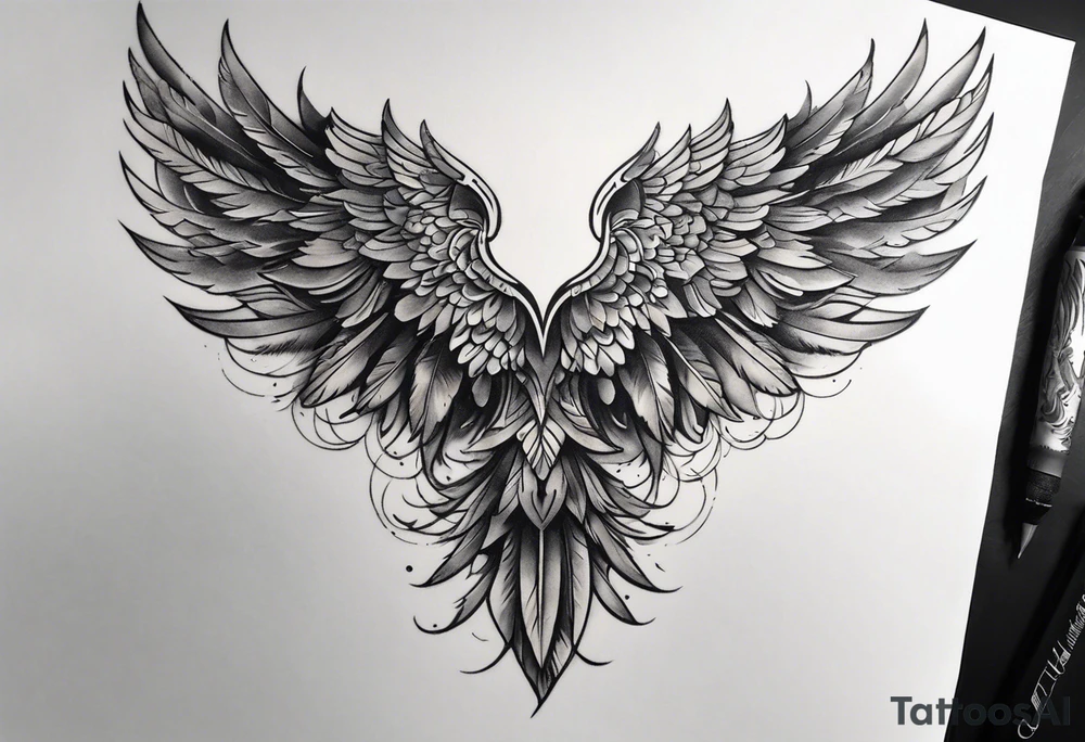 wings tattoo extending from a mens shoulders, covering the upper arms and upper back. The feathers are intricately detailed, with soft shading in black and gray to create depth and texture. tattoo idea