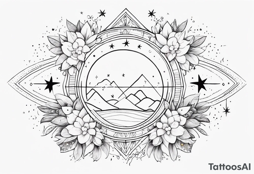 fine line with sun, stars, floral, dots. Sternum tattoo tattoo idea