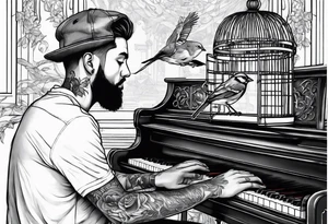 Man playing piano with a bird cage on his head tattoo idea