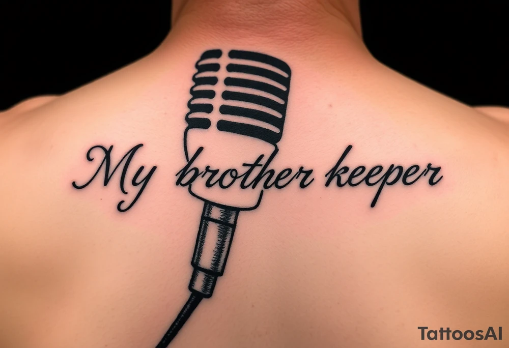 A microphone with the words “My brothers keeper” with the microphone cord looking like it’s actually writing the words . For a female and small tattoo idea