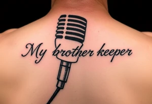A microphone with the words “My brothers keeper” with the microphone cord looking like it’s actually writing the words . For a female and small tattoo idea