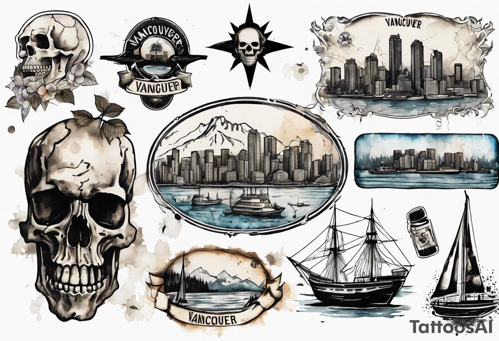 A overview old school map of vancouver B.C with water drop staining and a skull tattoo idea