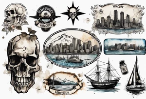 A overview old school map of vancouver B.C with water drop staining and a skull tattoo idea