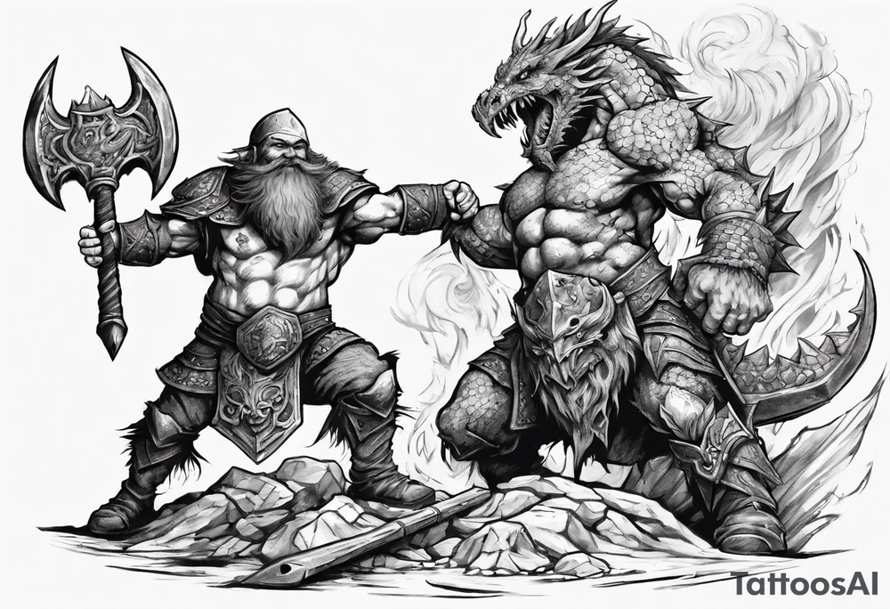 dwarven warrior with a war axe fighting against a dragon in the pit of hell tattoo idea
