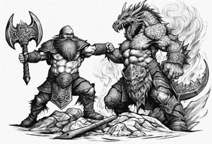 dwarven warrior with a war axe fighting against a dragon in the pit of hell tattoo idea