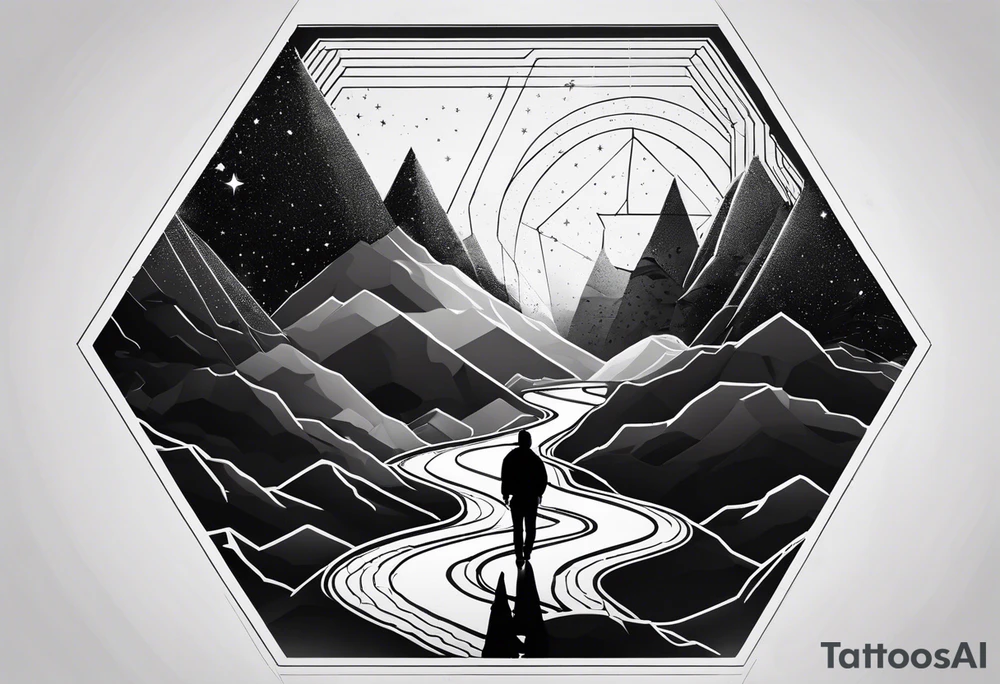 Hexagon shape, Universe inside, line under as a road. Father holding hand of his son at begin of this road tattoo idea