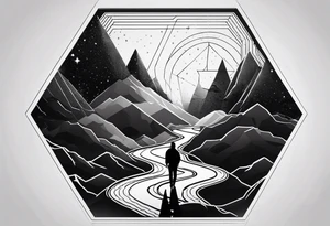 Hexagon shape, Universe inside, line under as a road. Father holding hand of his son at begin of this road tattoo idea