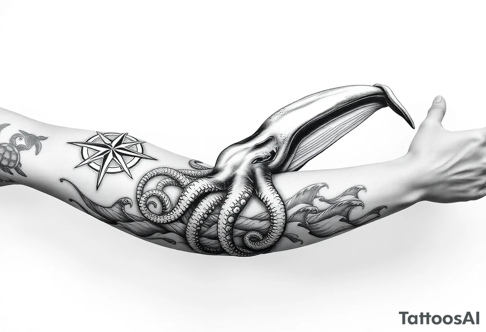 black and grey realistic full arm sleeve consisting of Compass Rose on the inner forearm as a focal point with loggerhead Turtles Swimming along the forearm, an Octopus Wrapping its tentacles around the arm,  a large whale gliding through the bicep area, and waves acting as the background to tie everything together. tattoo idea