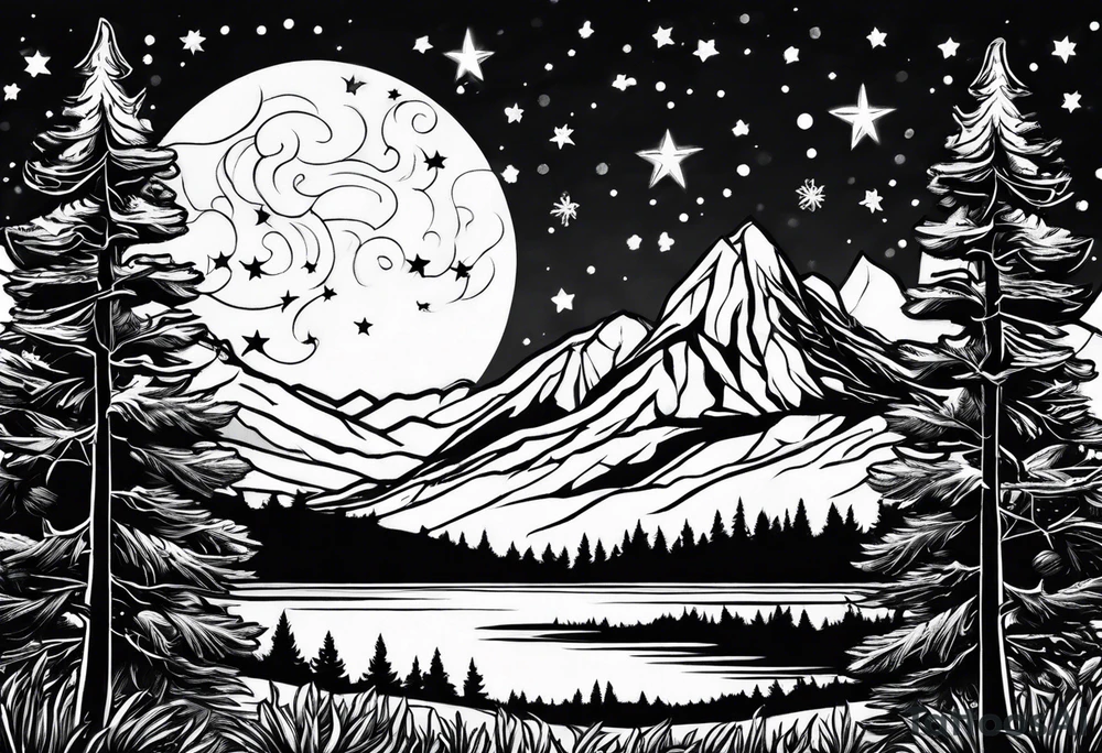 Lighter shaded night sky with stars, Night sky fading at edges, Mountains,Trees with snow on them tattoo idea