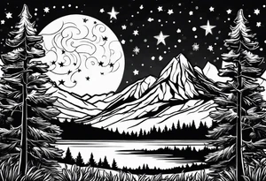 Lighter shaded night sky with stars, Night sky fading at edges, Mountains,Trees with snow on them tattoo idea