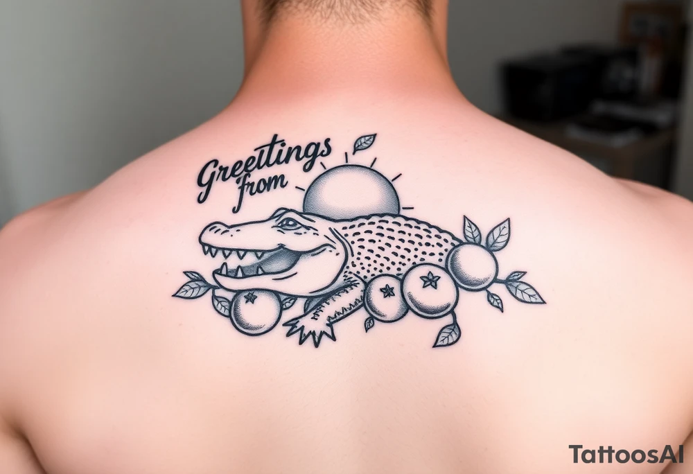 Greetings from florida themed traditional tattoo with a gator, sun and oranges can be a postage stamp tattoo idea