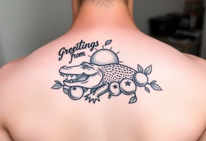 Greetings from florida themed traditional tattoo with a gator, sun and oranges can be a postage stamp tattoo idea