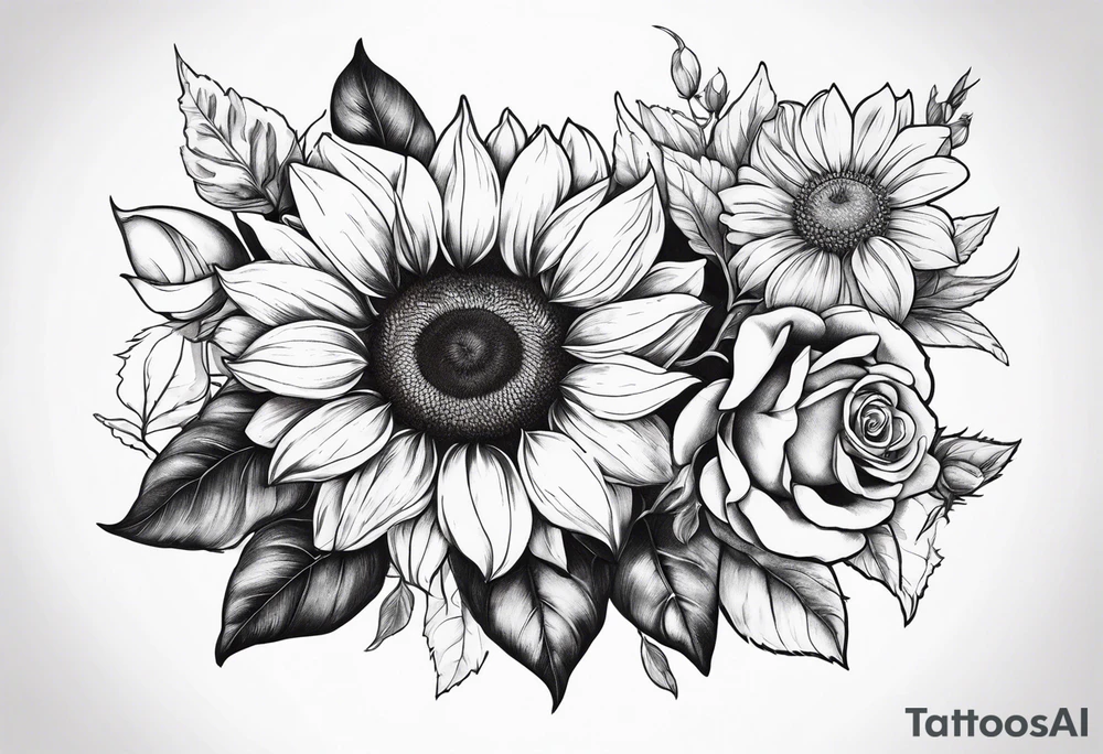 Sunflower and rose flower tattoo idea