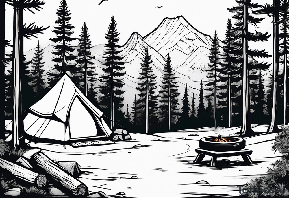 Campground with onr small tent and small fire pit with smoke billowing out of it. Forest of trees surrounding it with three large pine trees being the focus in the background. tattoo idea