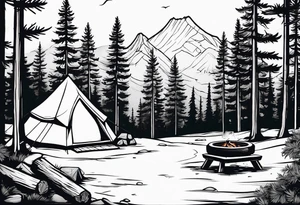 Campground with onr small tent and small fire pit with smoke billowing out of it. Forest of trees surrounding it with three large pine trees being the focus in the background. tattoo idea