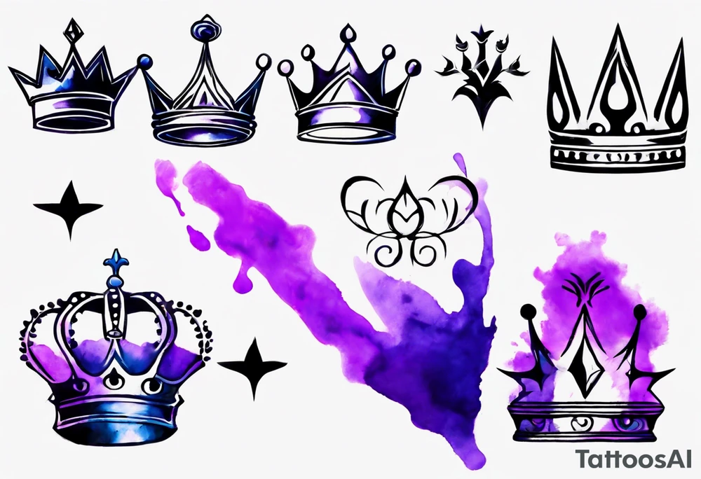 A tattoo of a minimalistic black crown and some negative space on a water color background of purple and blue. tattoo idea