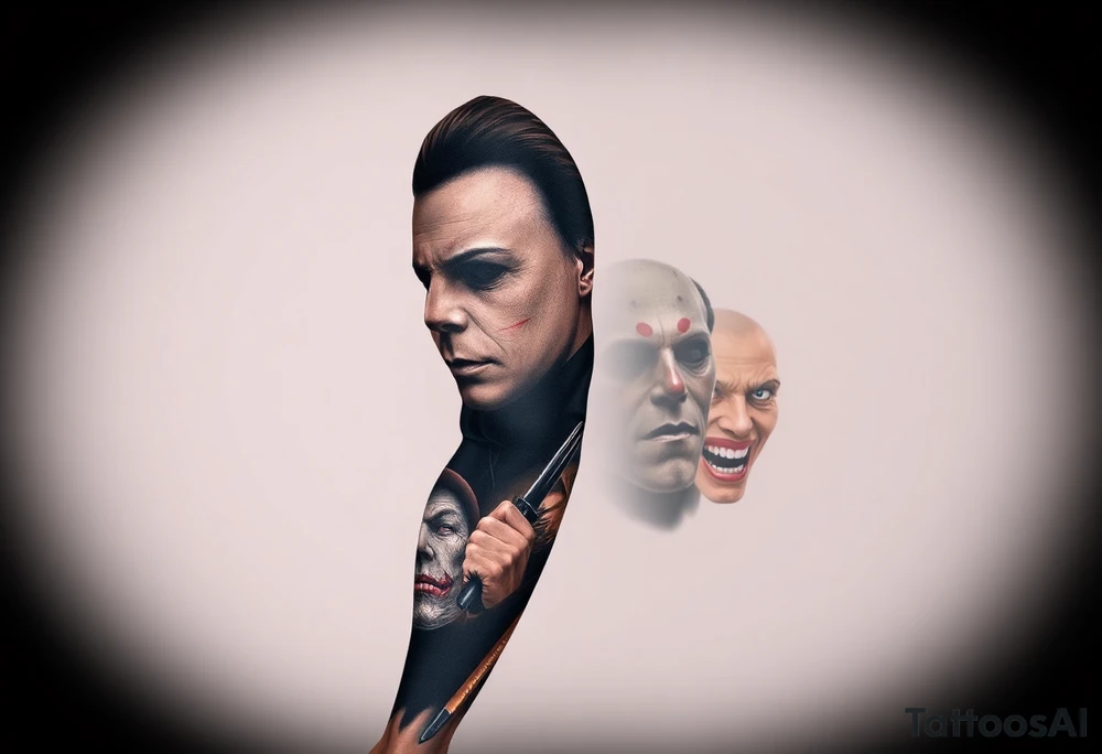 Left full arm sleeve. Michael Myers is the largest and main focal point. It should have the other horror characters like Jason, Freddy, the clown from saw, sam, the leprechaun,  chuckie, pin head, art the clown, leather face penny wise. tattoo idea