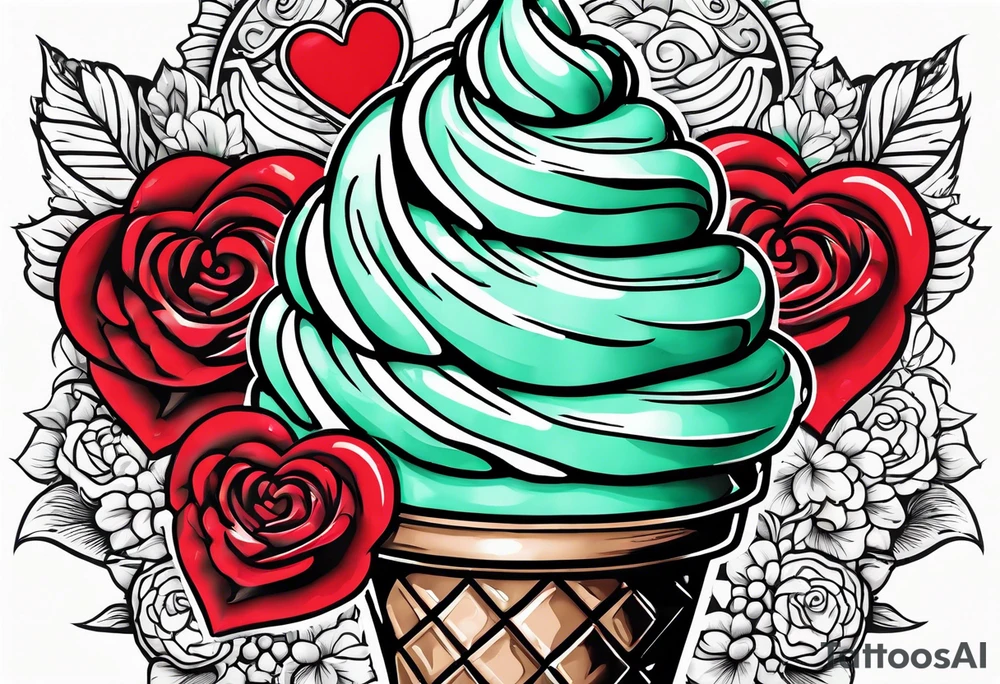 mint chocolate chip ice cream cone with small red heart on it somewhere. tattoo idea