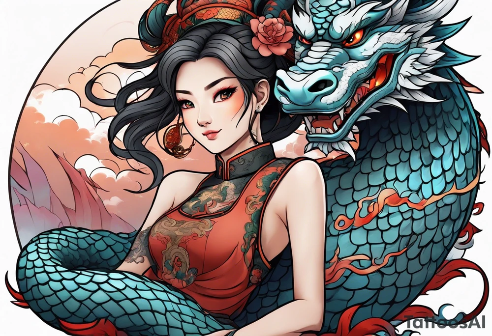 american traditional style, an anime girl sitting on a asian dragon surrounded by cloud tattoo idea