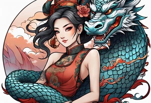 american traditional style, an anime girl sitting on a asian dragon surrounded by cloud tattoo idea