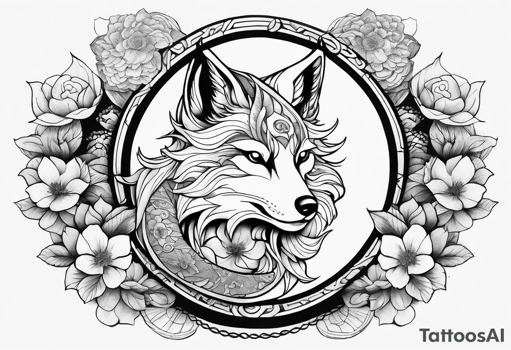 kitsune japonesa em forma de raposa com sua máscara e as fases da lua, corpo inteiro da raposa tattoo idea