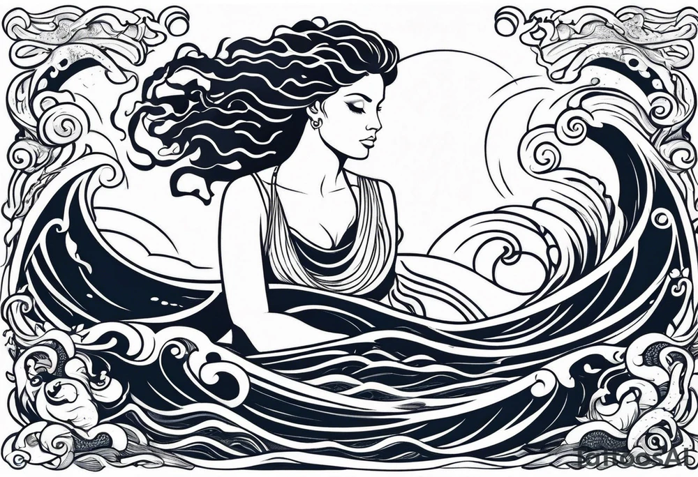 stormy sea waves, a woman in the middle of a storm, Medusa the Gorgon tattoo idea