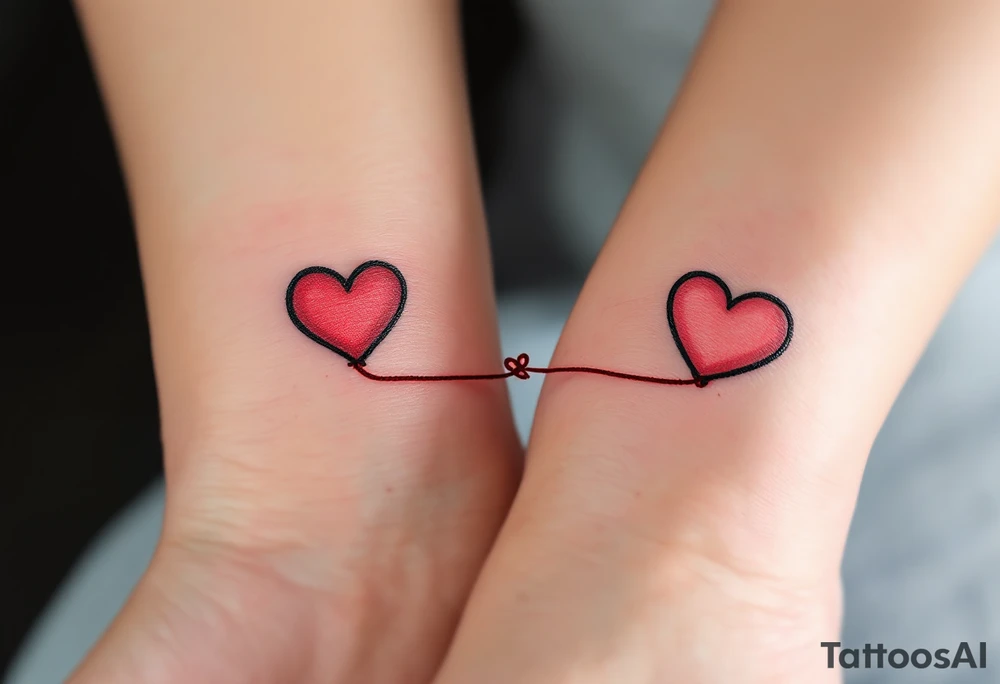 One wears a heart with red string of fate, the other the string continuing into their hand, connecting both wrists. tattoo idea