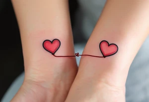 One wears a heart with red string of fate, the other the string continuing into their hand, connecting both wrists. tattoo idea