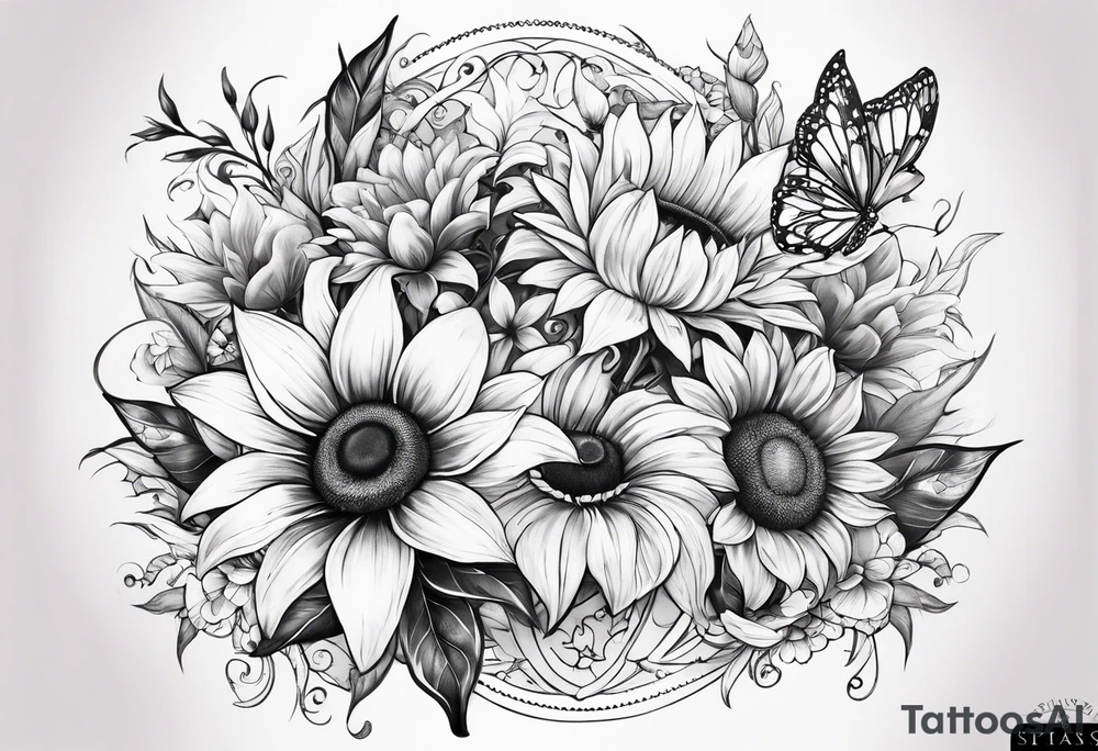 Forearm half sleeve with lilly sunflower flowers & small butterflies incorporating the children names with stars, books, fantasy & dragons themed tattoo idea